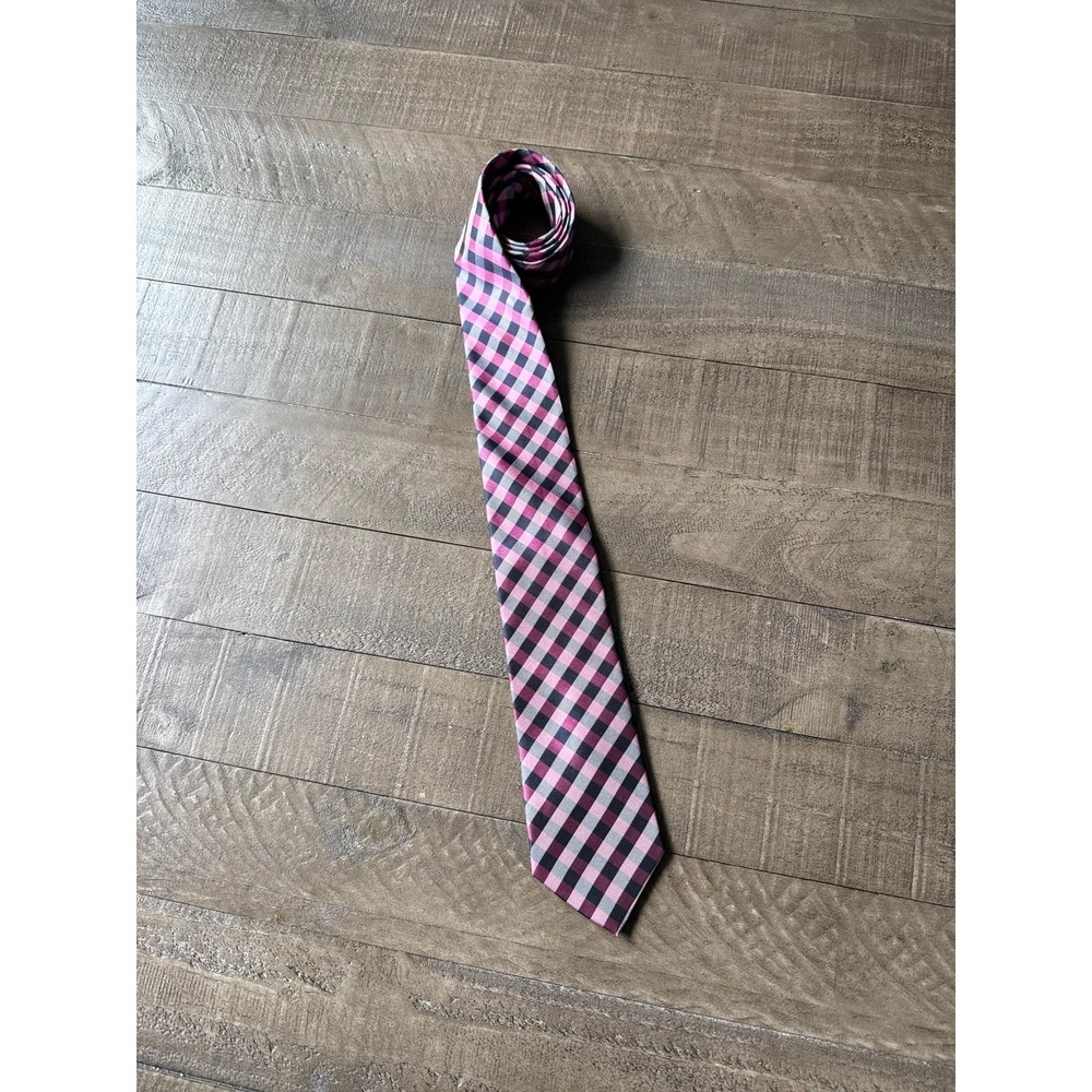 NAUTICA Men's Silk Pink Navy Blue Grid Pattern Necktie